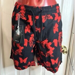 Cactus Man Ricky Singh Red Floral Black Hawaiian Shorts Sz 34" Large L